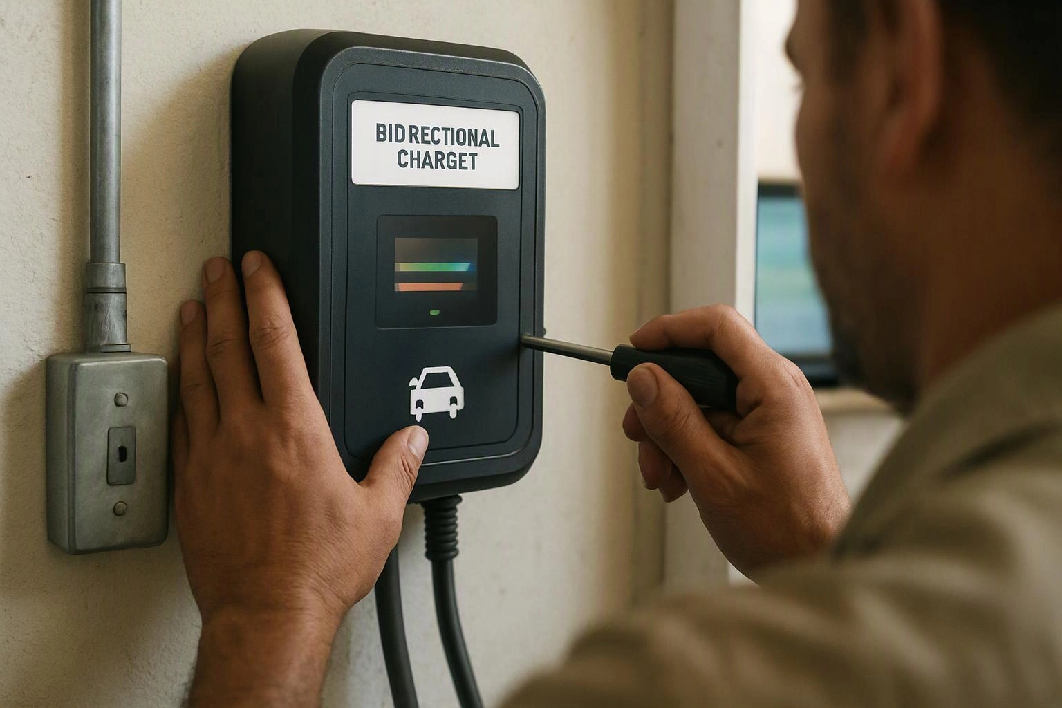 A person uses a screwdriver to install a wall-mounted charging device with a car icon and “BIDRECTIONAL CHARGET” label