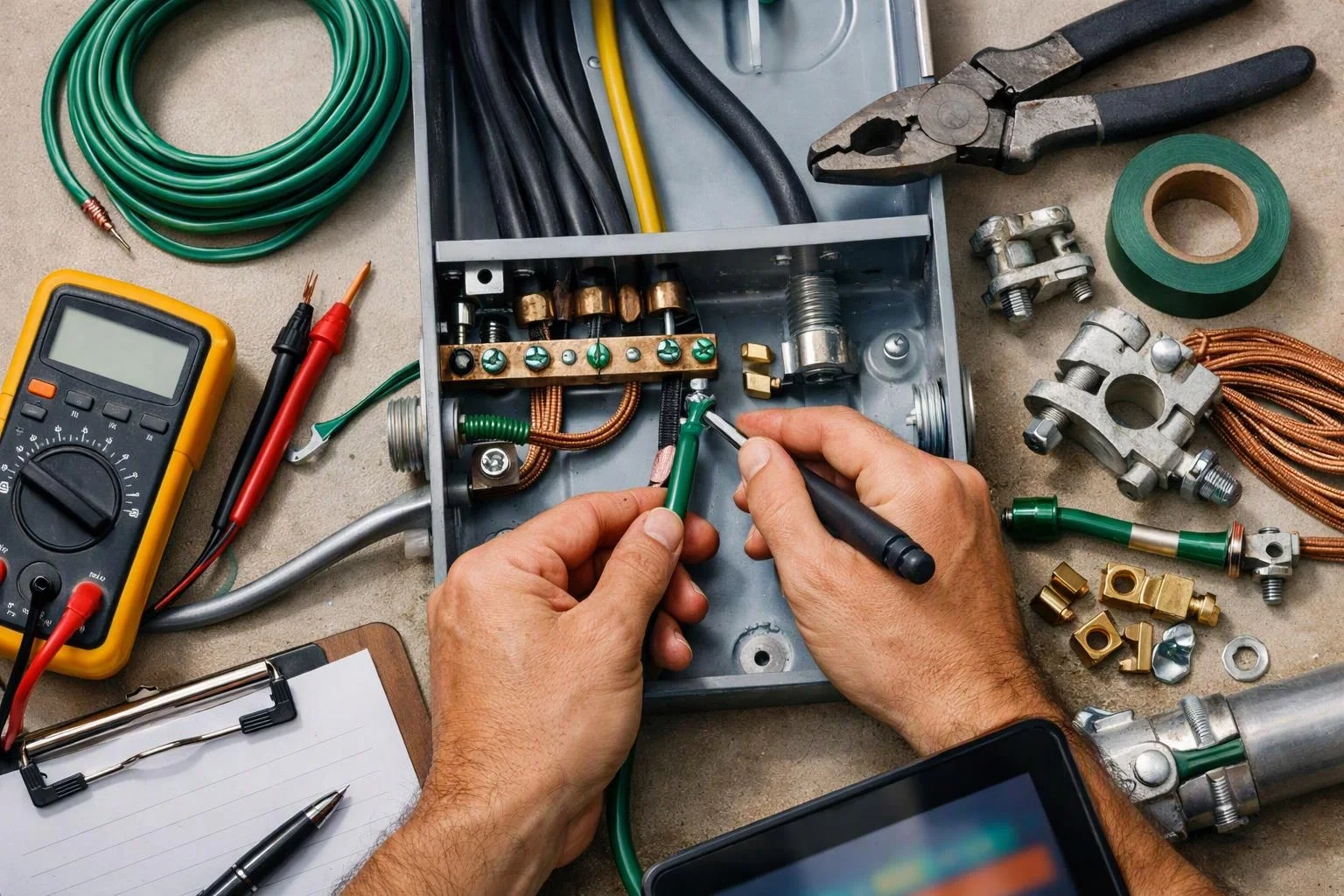 Hands work inside an open electrical box, testing wires with tools spread across a workbench