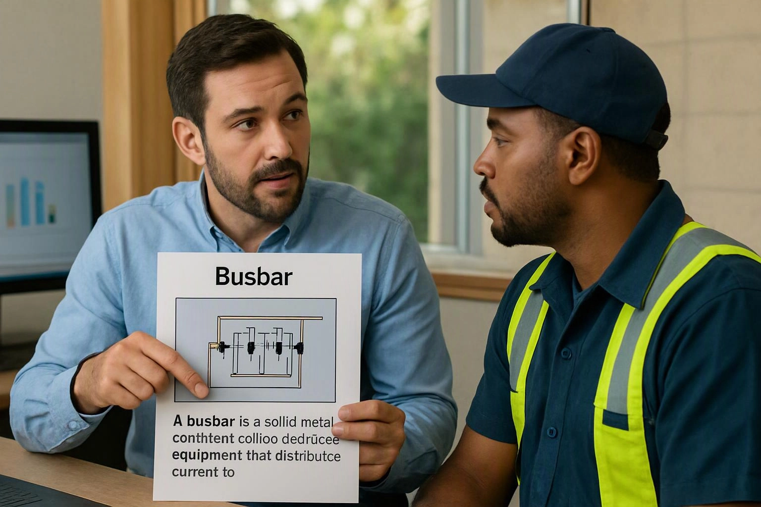 Two men in an office discuss a busbar diagram, while one points at a printed sheet and a monitor shows a chart