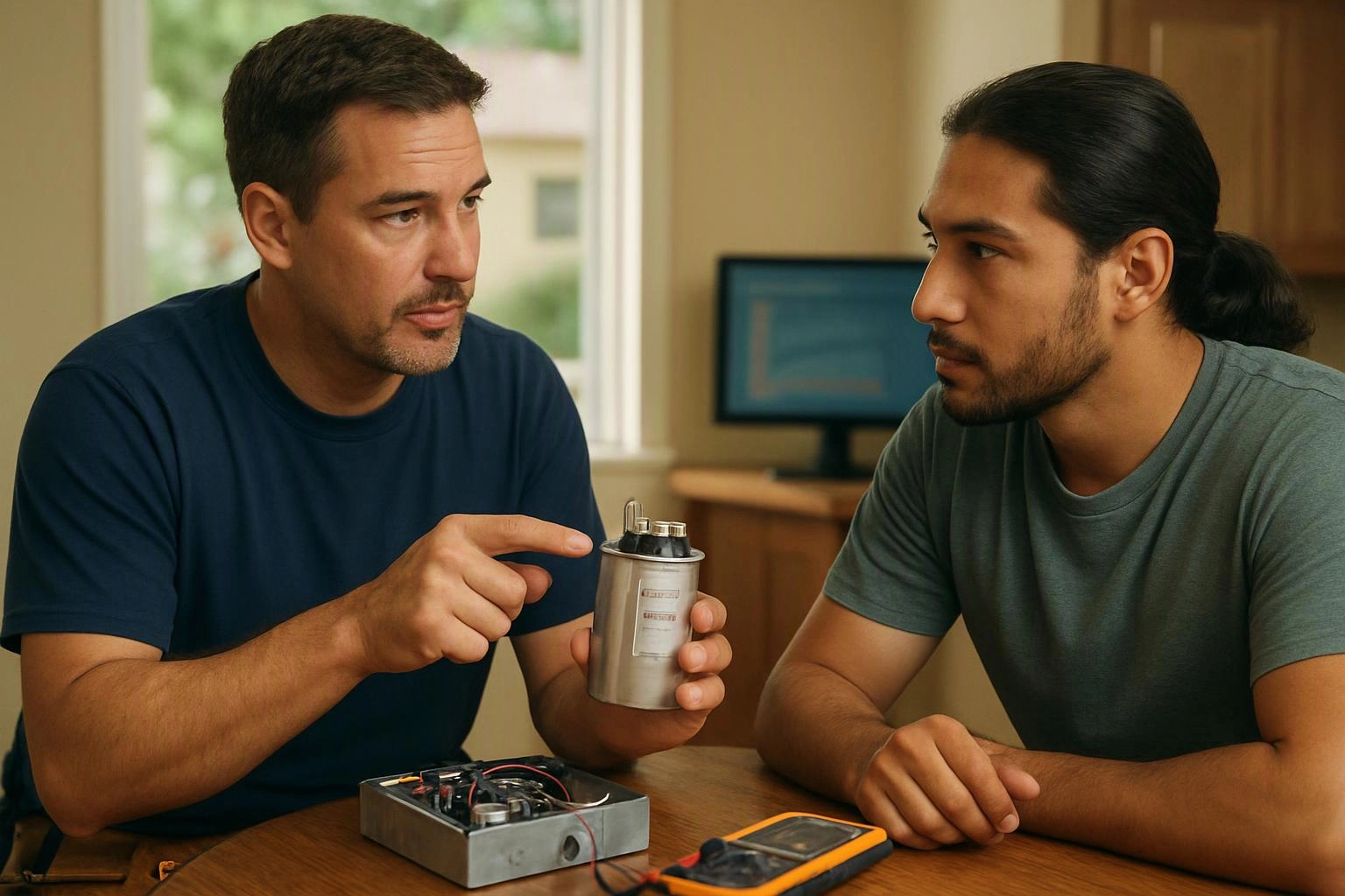 Two men sit at a table discussing a metal electrical component and a wired device in a room with a computer monitor