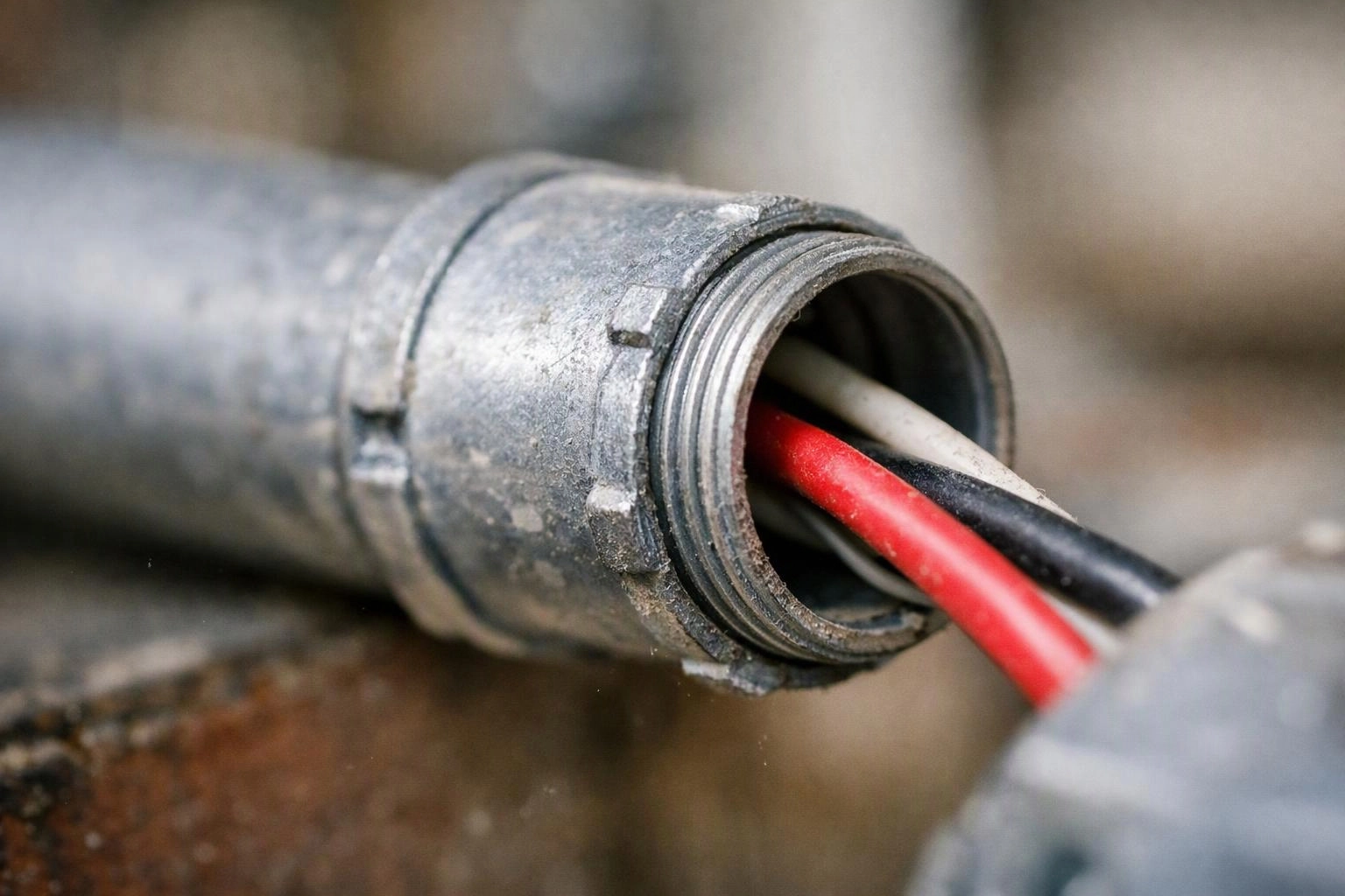A close-up shows a metal conduit with red, black, and white wires sticking out in a work area