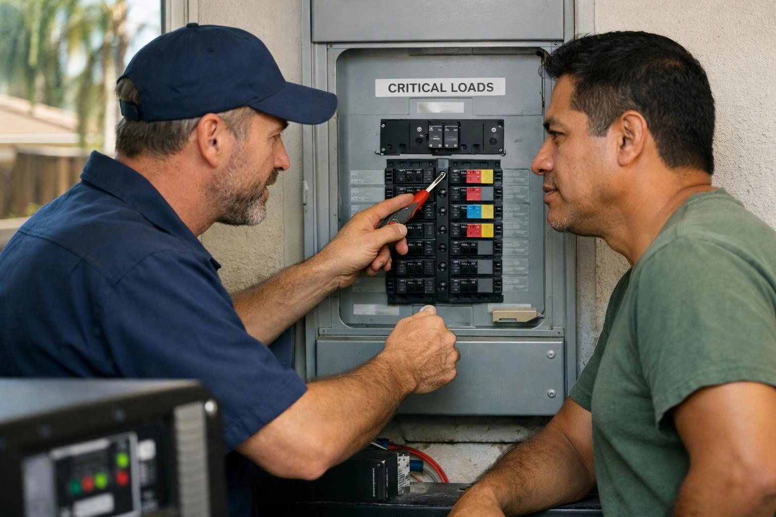 Two men inspect an electrical breaker panel marked “CRITICAL LOADS,” one pointing with a screwdriver outdoors