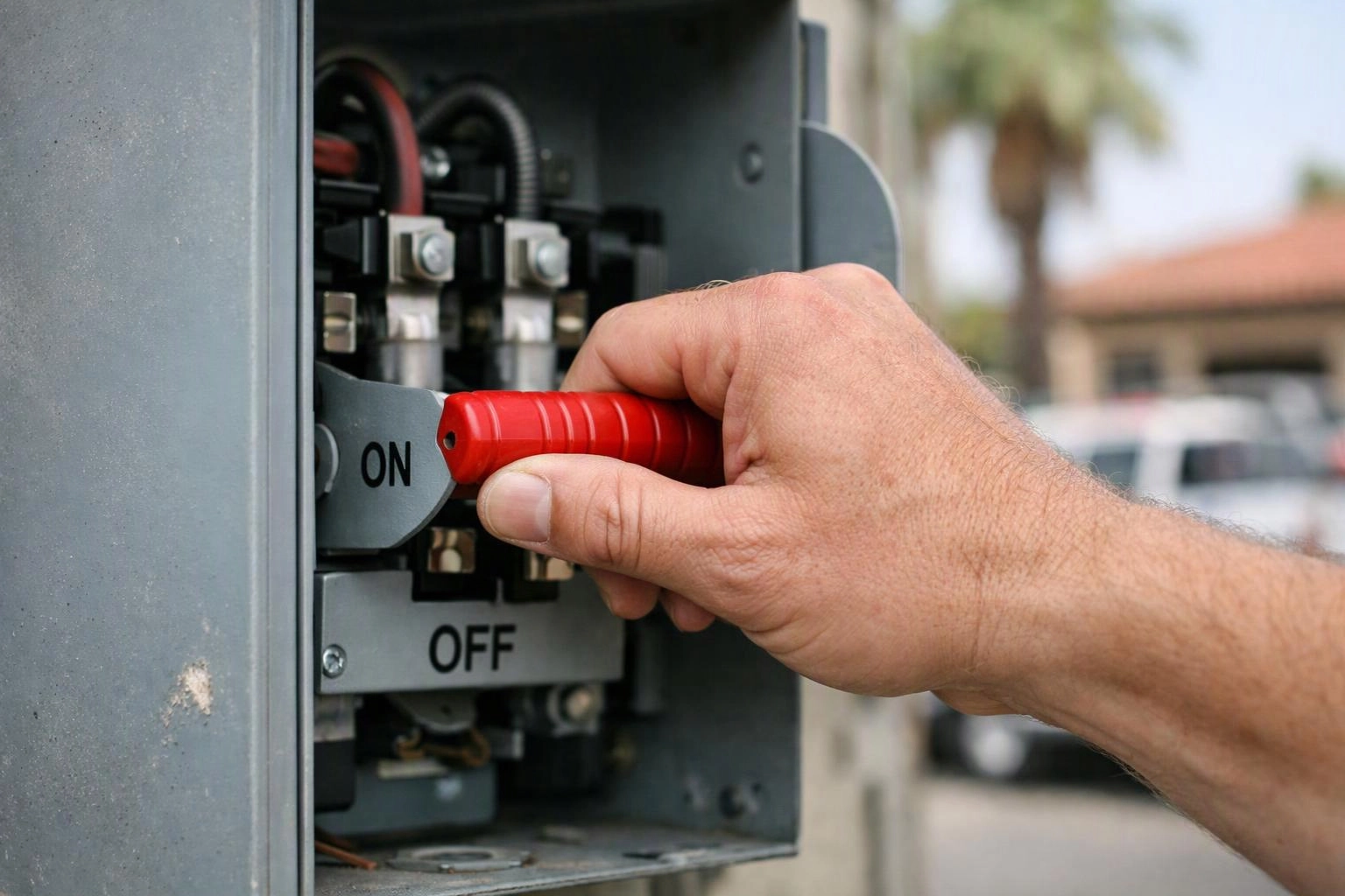 A hand flips a red switch inside an open electrical box outdoors