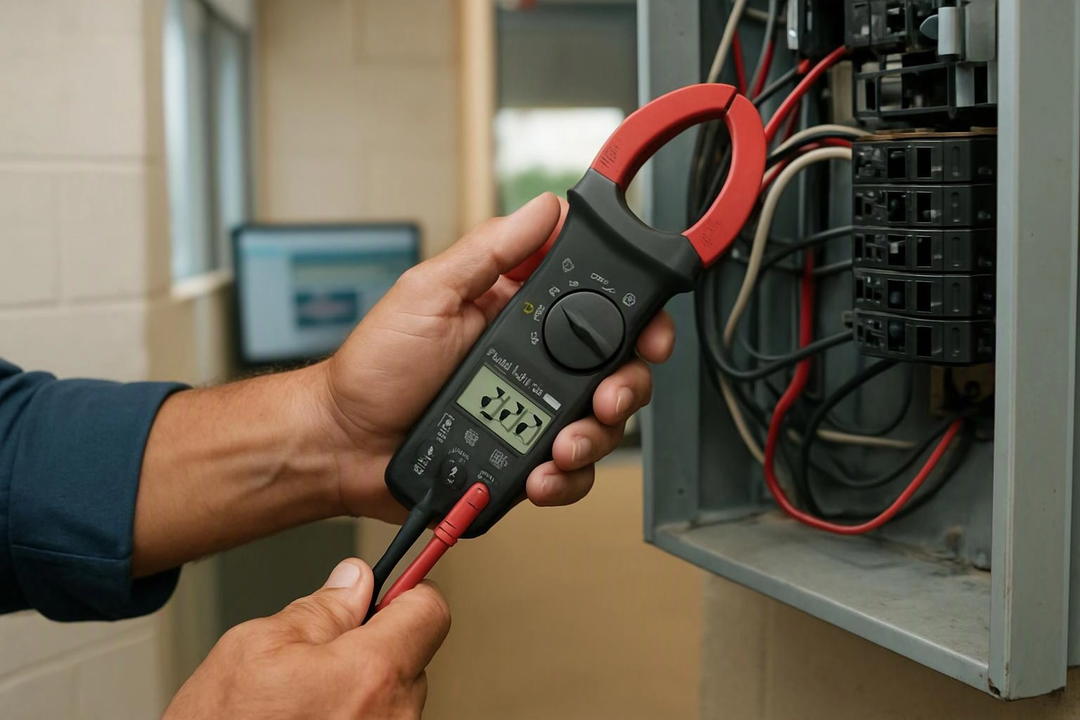 A person holds a clamp meter beside an open electrical panel with wires and breakers indoors