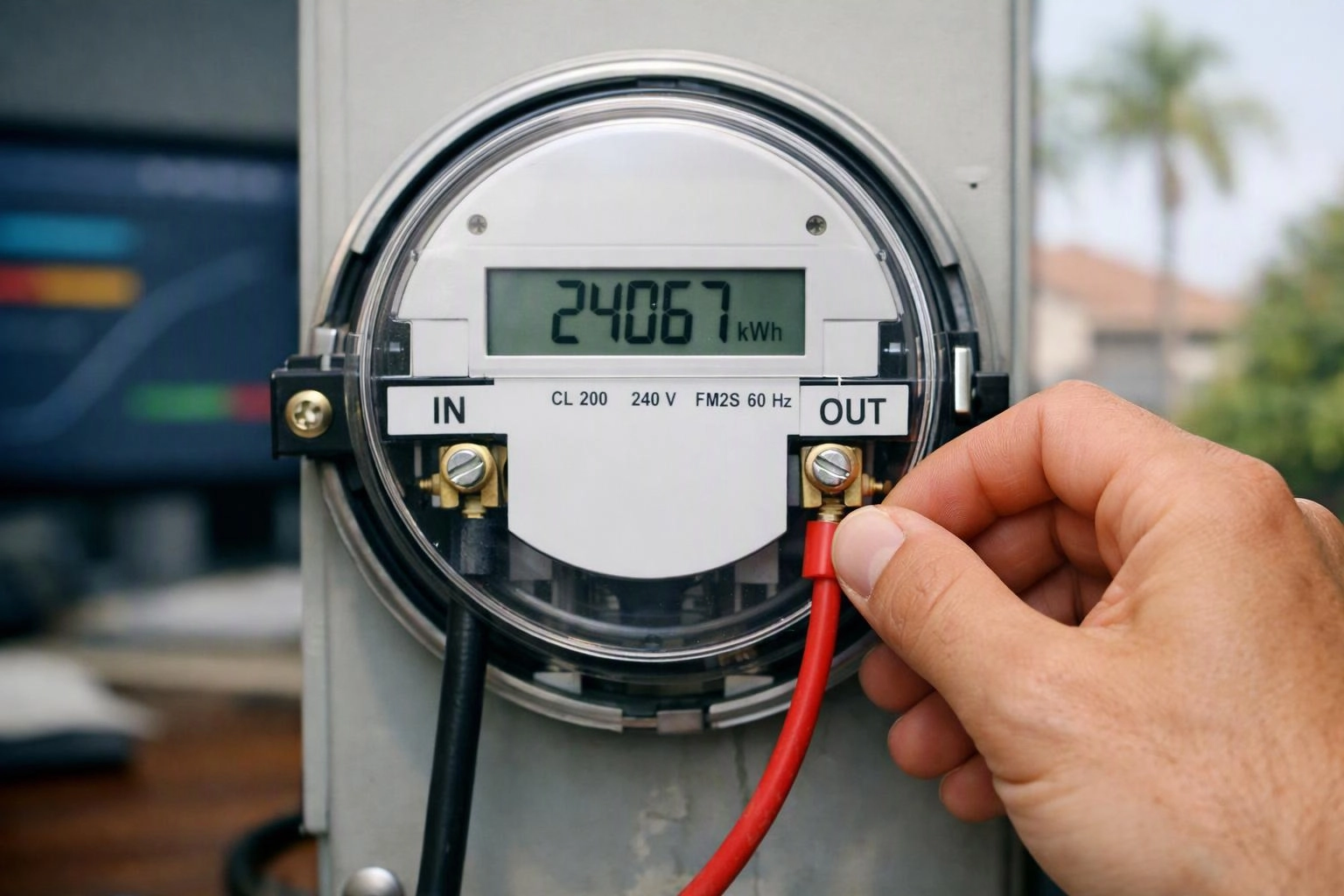 A hand connects a red wire to an electric meter showing 24067 kWh outdoors