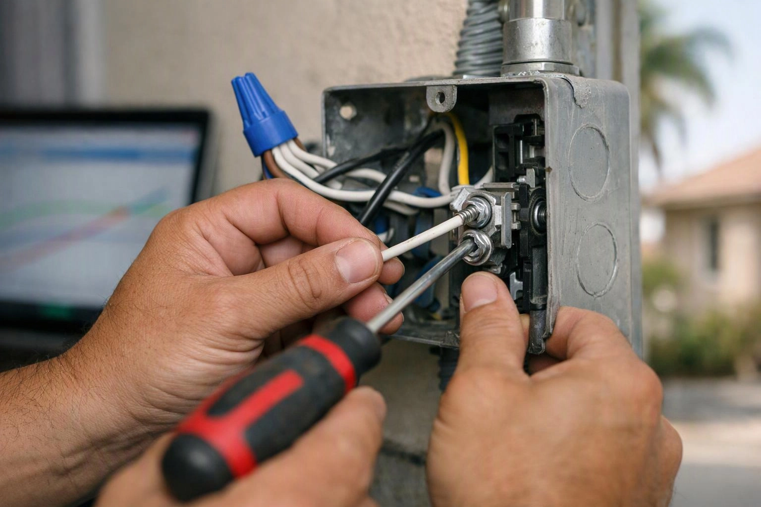 Hands use screwdrivers to work on wiring inside an open metal electrical box outdoors