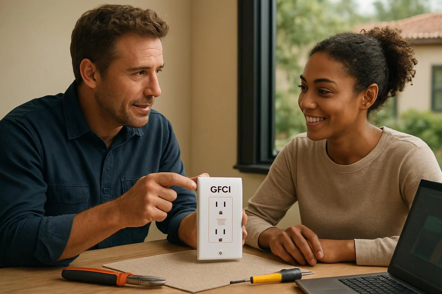 A man shows a GFCI outlet to a smiling woman at a table beside a laptop and tools