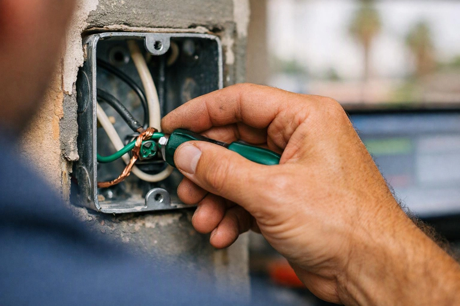 A hand uses a screwdriver to connect wires inside a wall electrical box