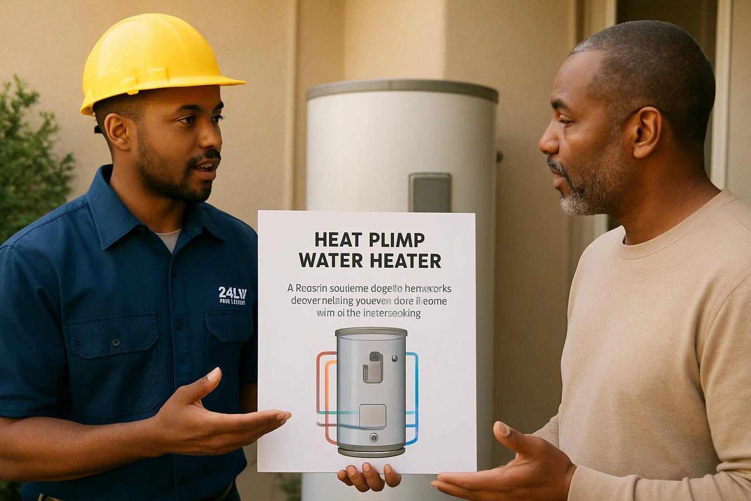 Two men stand beside a water heater, one in a hard hat holding a printed heater diagram while they talk outside a house