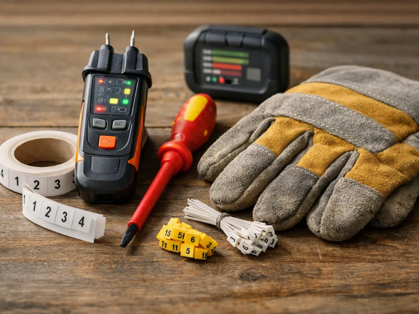 A glove, electrical tester, screwdriver, and wire labels sit on a wooden workbench