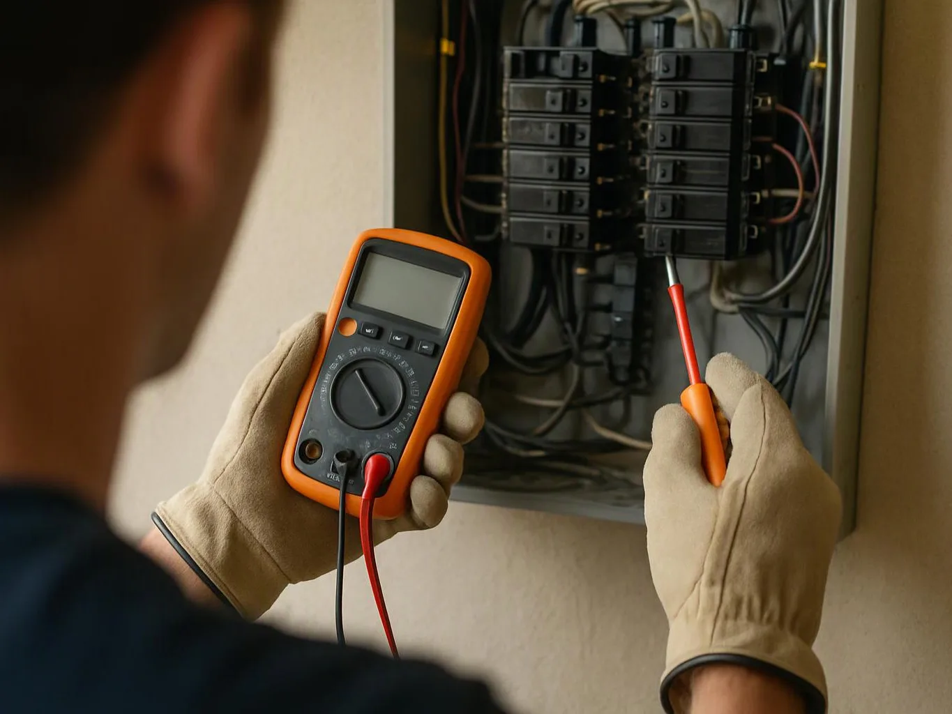 A gloved electrician tests wires inside an open breaker panel with a multimeter and probe