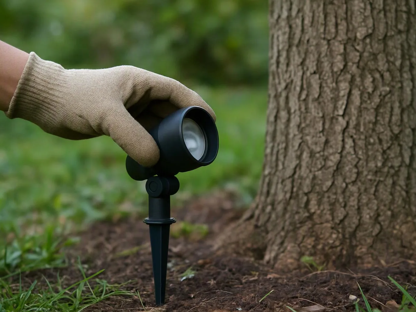A gloved hand adjusts a black garden spotlight beside a tree trunk in a grassy yard