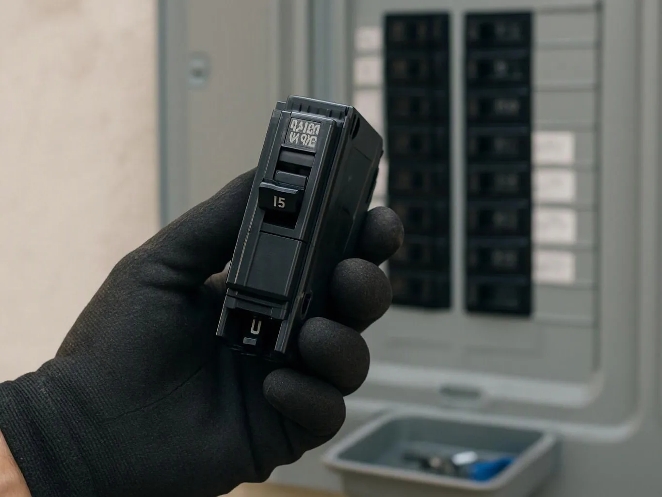 A gloved hand holds a black 15-amp circuit breaker in front of an open electrical panel