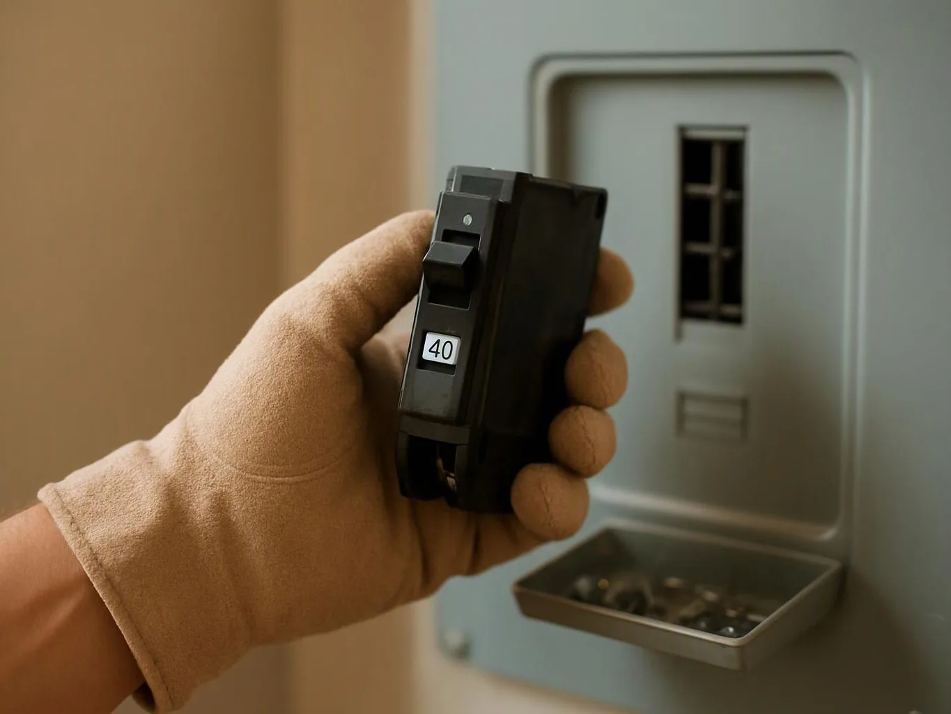 A gloved hand holds a black circuit breaker beside an electrical panel with an open slot and metal tray