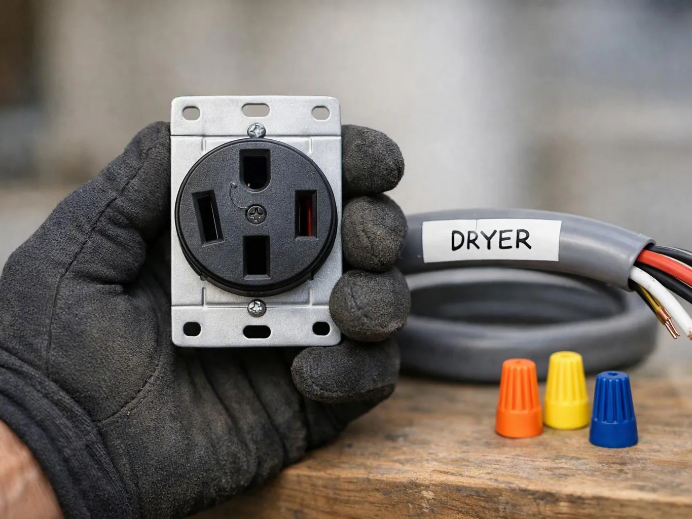 Gloved hand holds a black electrical outlet beside labeled gray cable and colorful wire connectors on a workbench