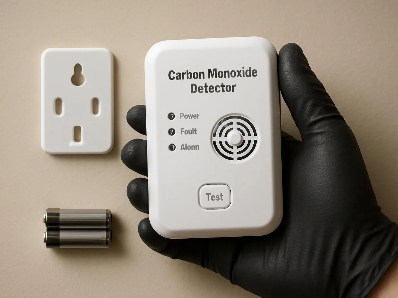 A gloved hand holds a carbon monoxide detector beside a wall outlet and two batteries on a beige surface