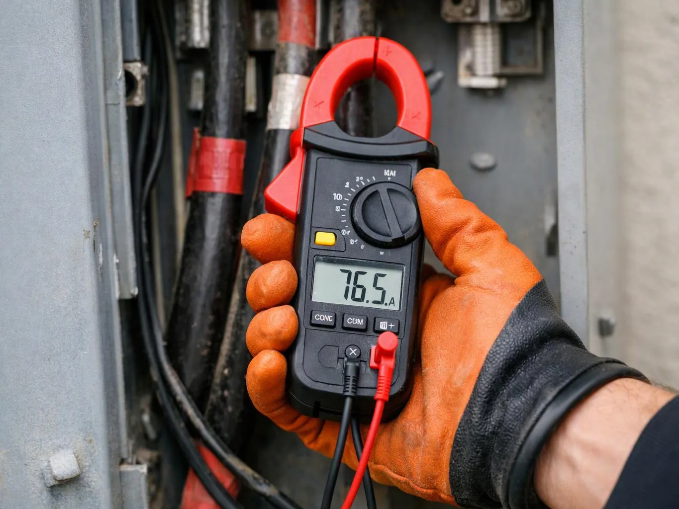 Gloved hand holds a clamp meter reading 76.5 amps inside an electrical panel