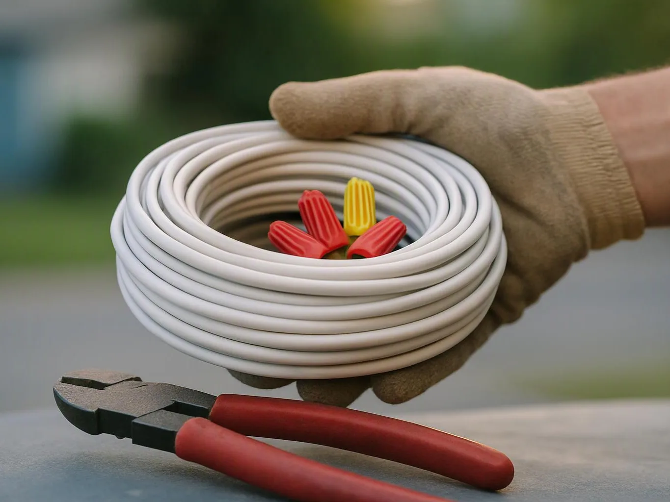 A gloved hand holds a coiled white cable with colored wire connectors, with pliers resting below on a table