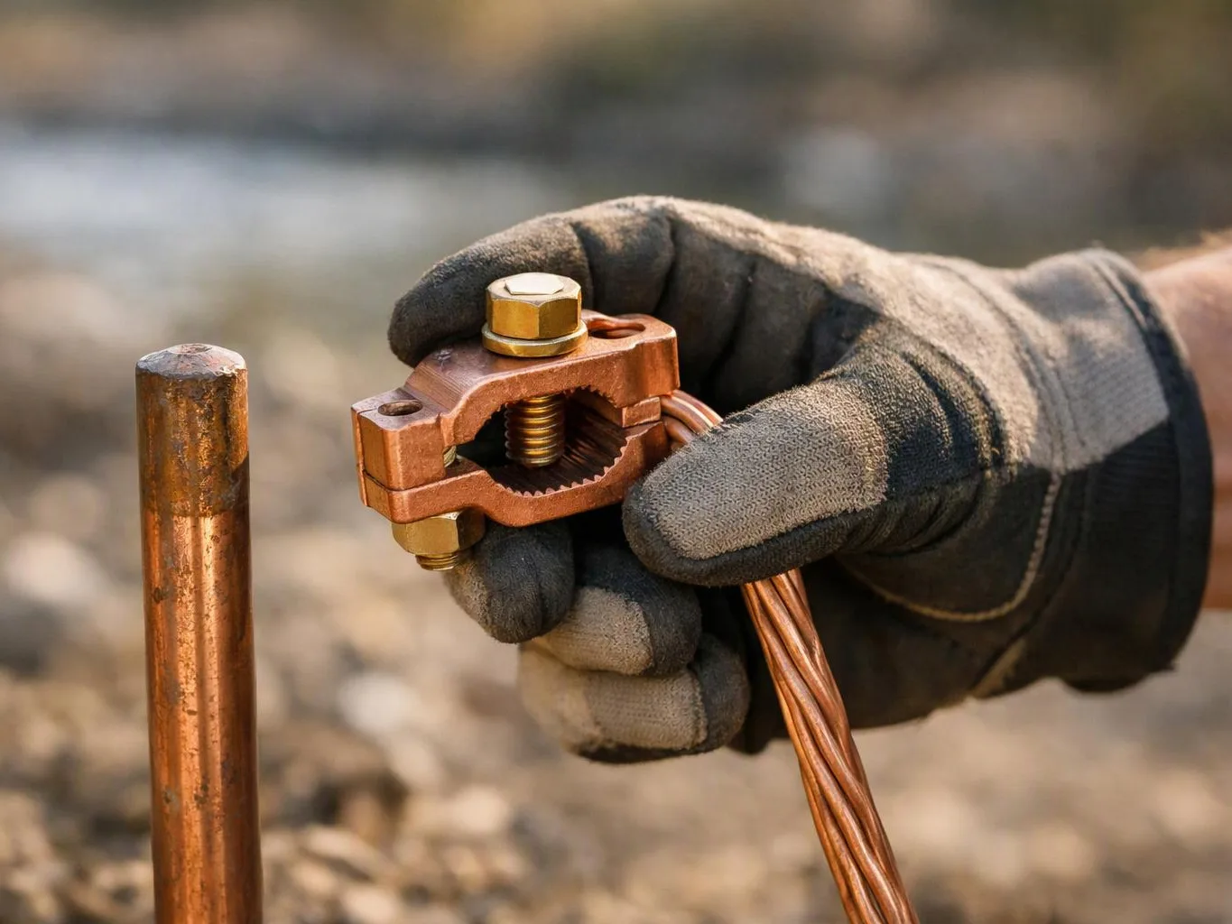A gloved hand holds a copper grounding clamp beside a copper rod outdoors