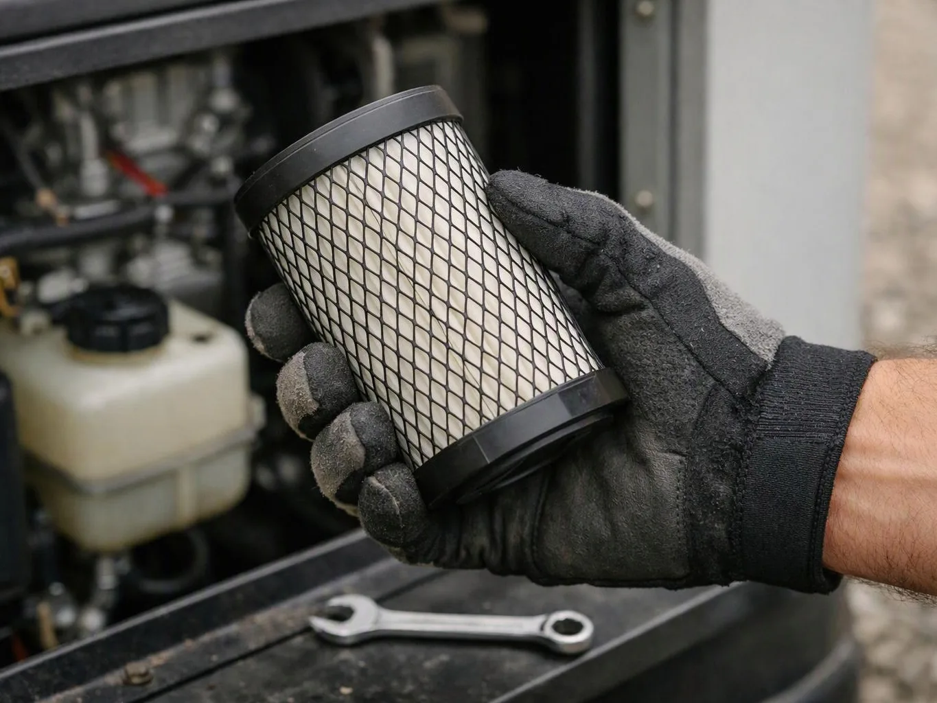 A gloved hand holds a cylindrical air filter in front of an open machine compartment with a wrench below