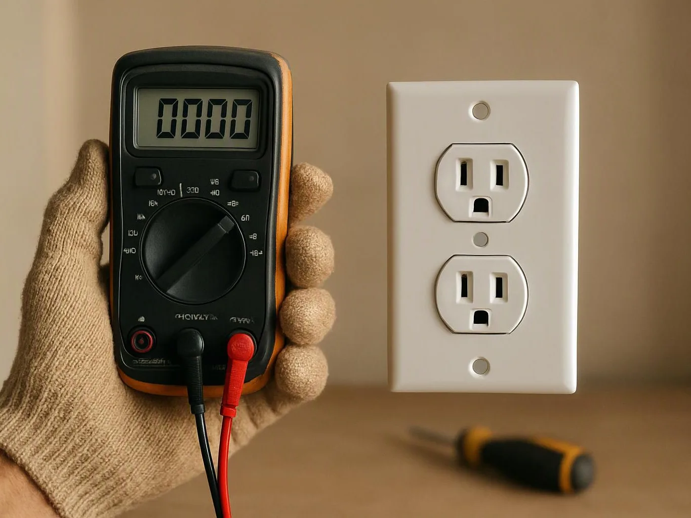 A gloved hand holds a digital multimeter beside a white wall outlet, with a screwdriver blurred on a workbench behind it