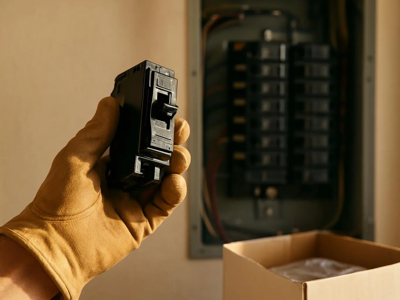 A gloved hand holds an electrical breaker in front of an open circuit panel and cardboard box
