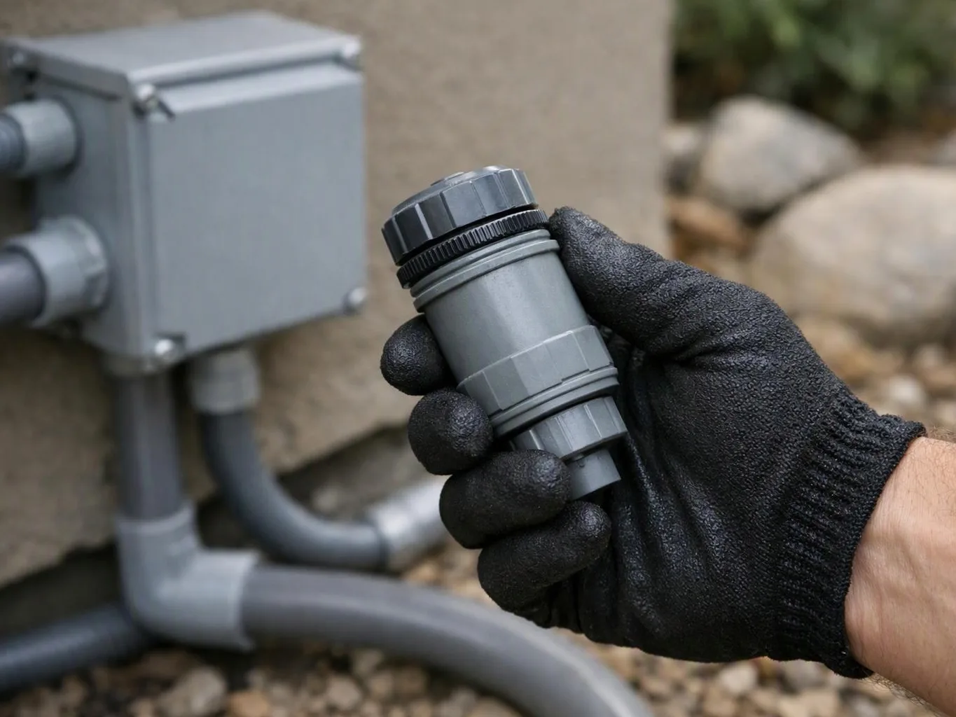 A gloved hand holds a gray plastic electrical connector beside an outdoor utility box and pipes