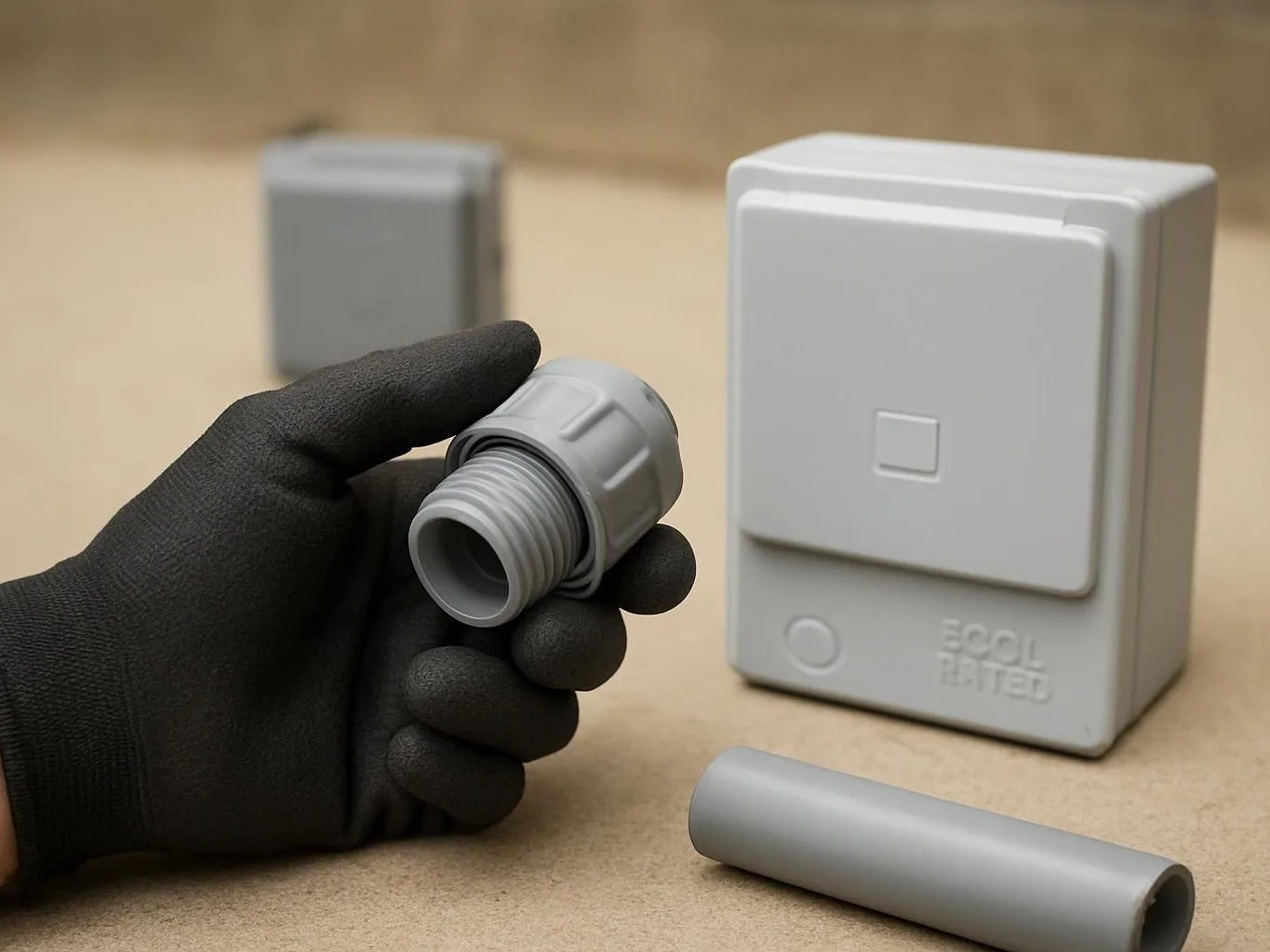 A gloved hand holds a gray plastic fitting beside a small white electrical box on a work surface
