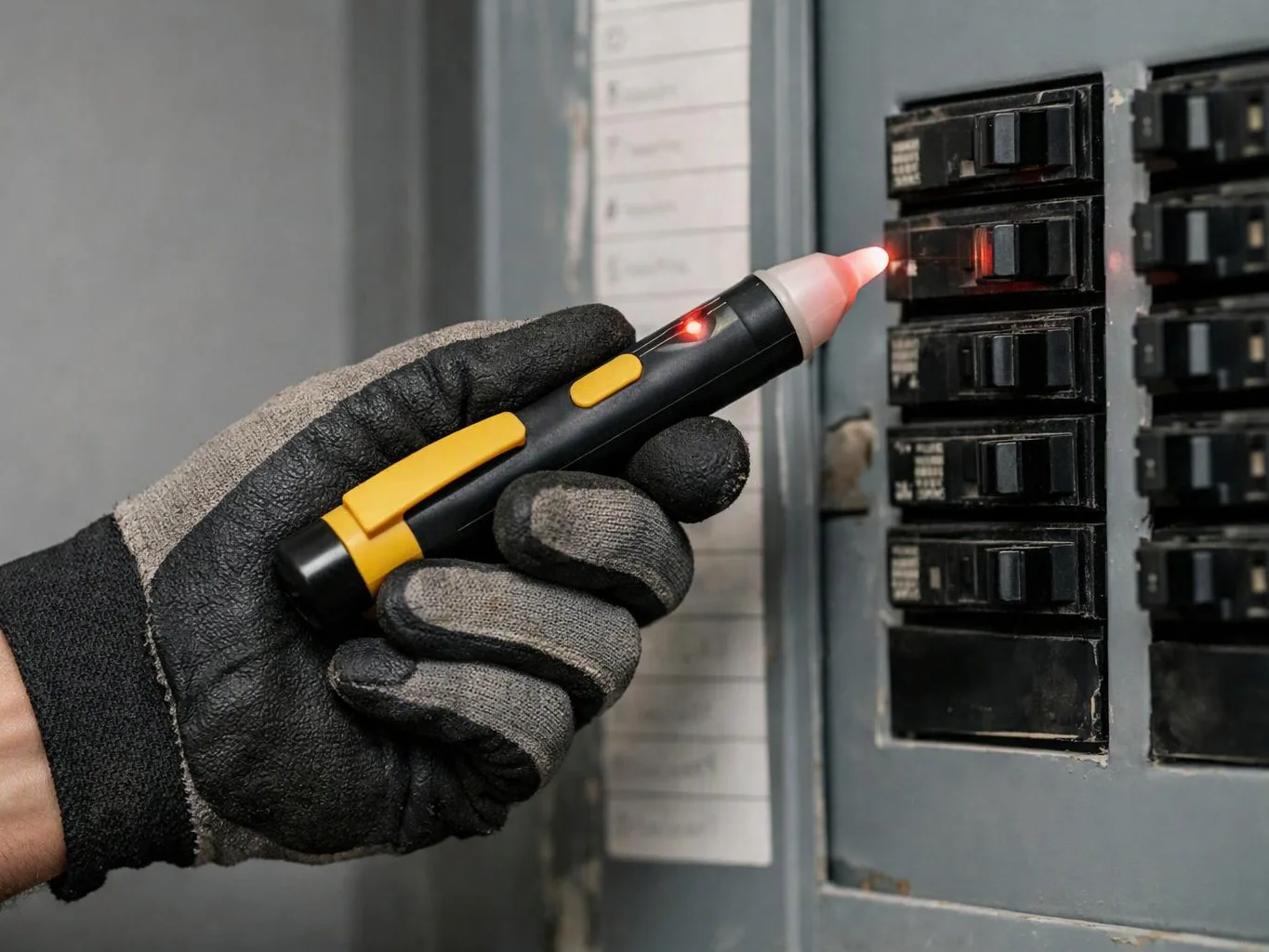 A gloved hand holds a lit electrical tester near a breaker panel