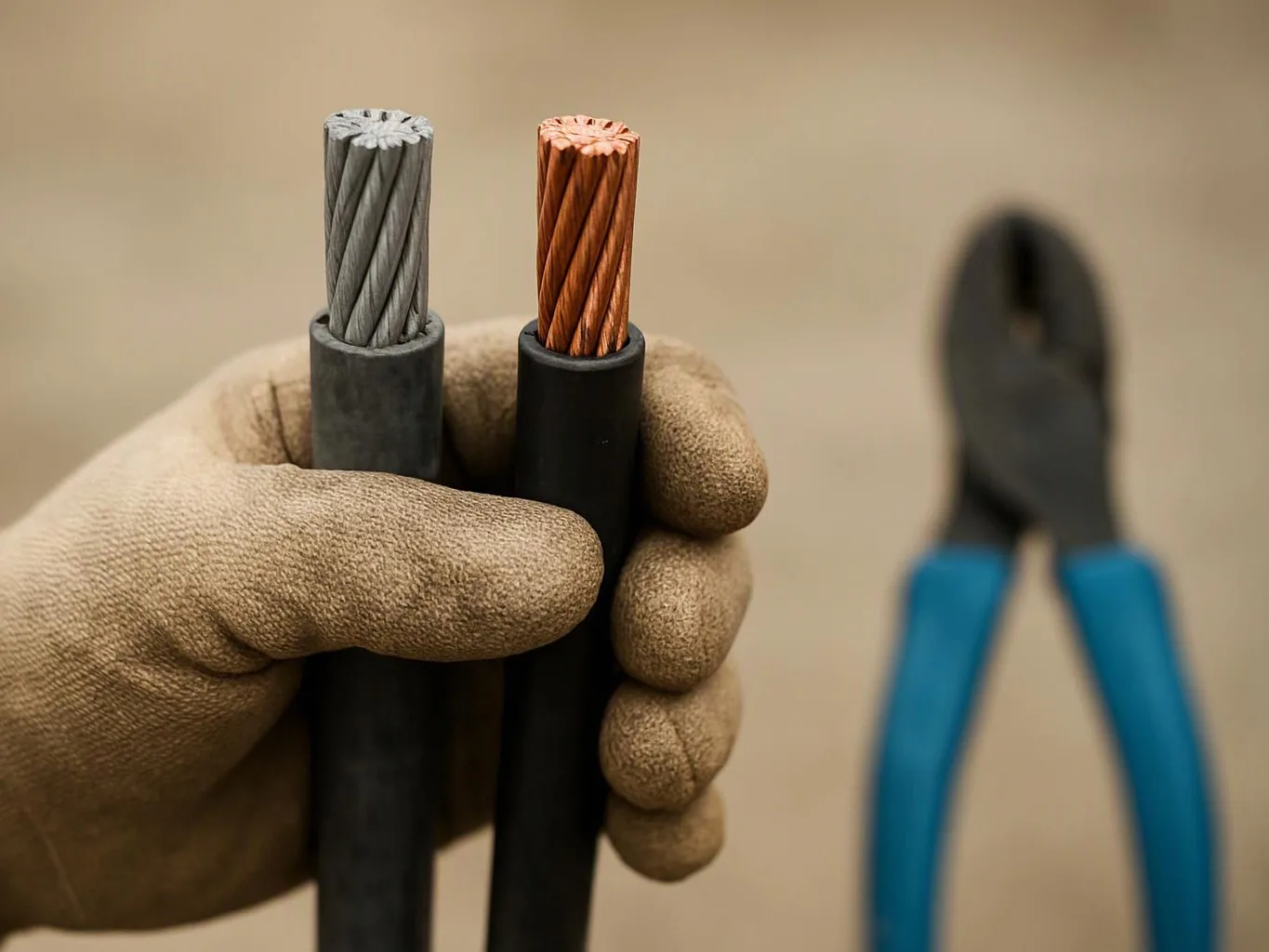 A gloved hand holds two cut electrical cables, with blue-handled pliers blurred in the background