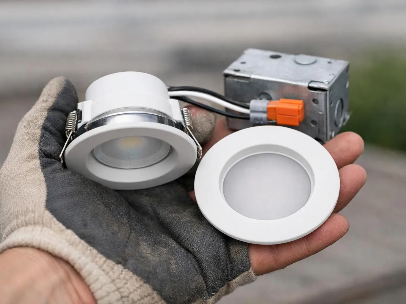 A gloved hand holds two white recessed LED lights and a metal junction box with wires attached