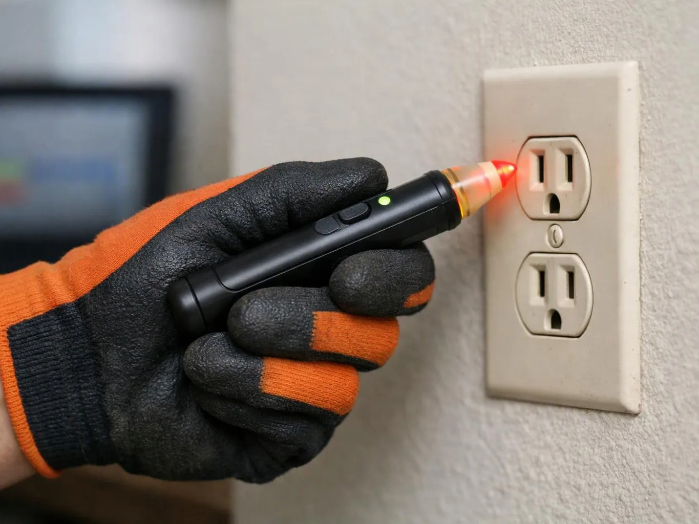 A gloved hand holds a voltage tester near a wall outlet, checking the socket indoors