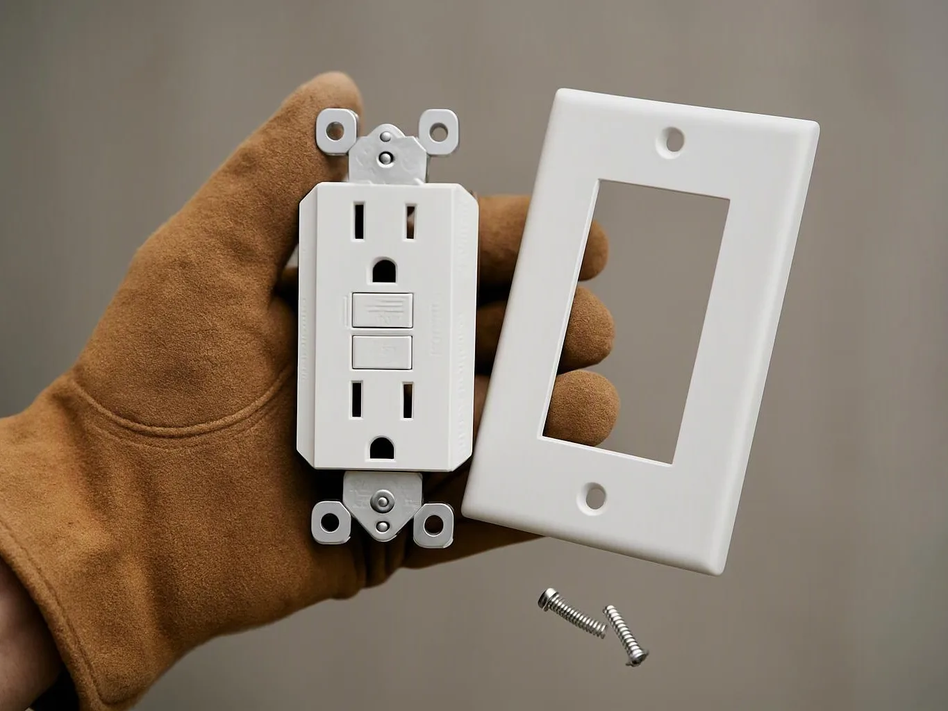 A gloved hand holds a white electrical outlet and matching wall plate with two screws floating below