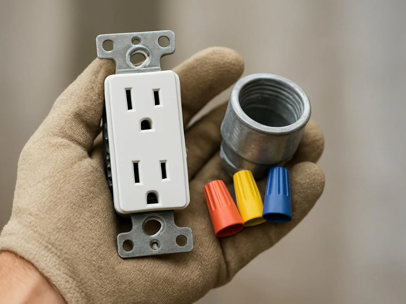 A gloved hand holds a white electrical outlet, a metal connector, and three colored wire nuts against a plain background