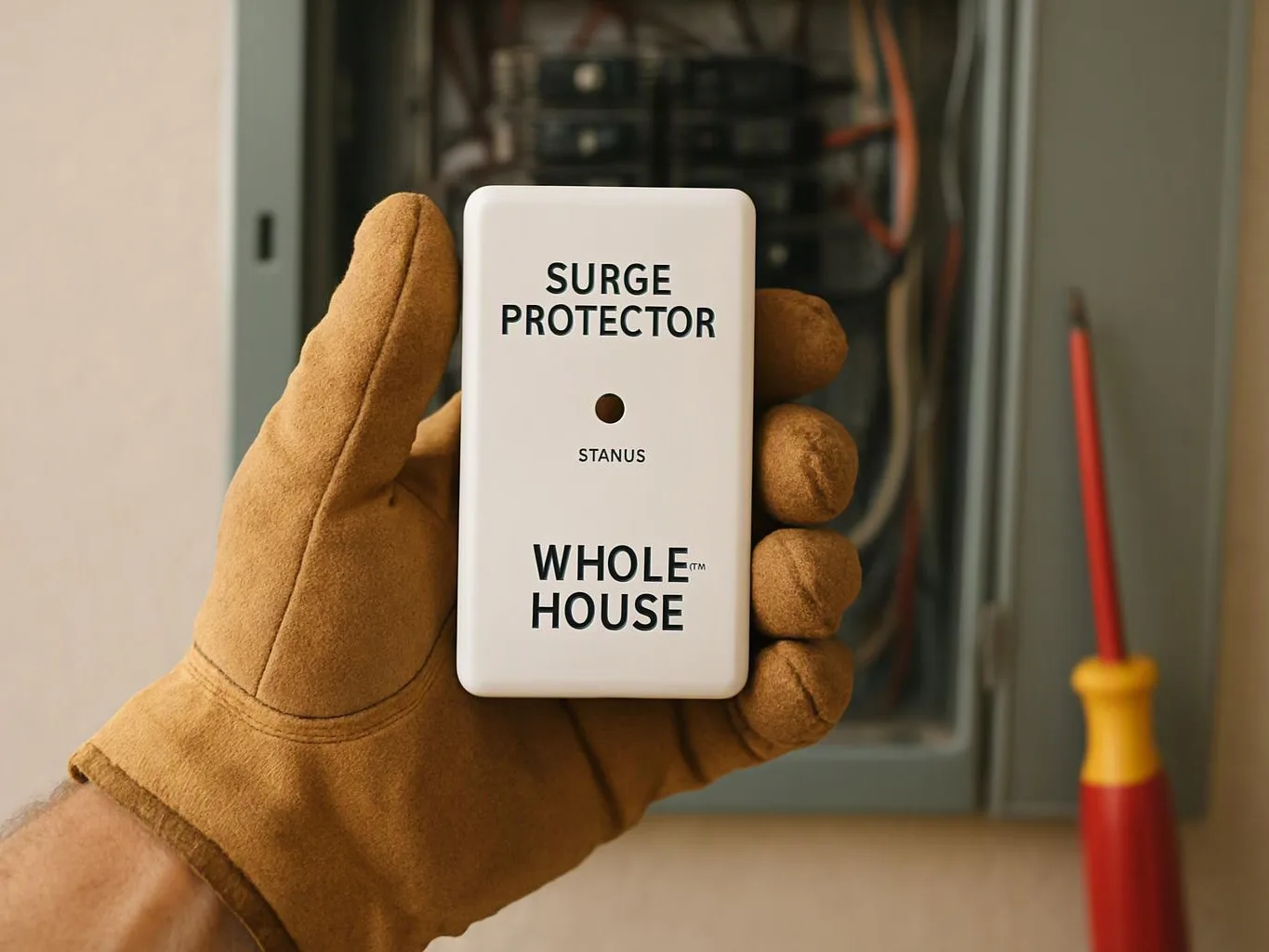 A gloved hand holds a white surge protector in front of an open electrical panel with tools nearby