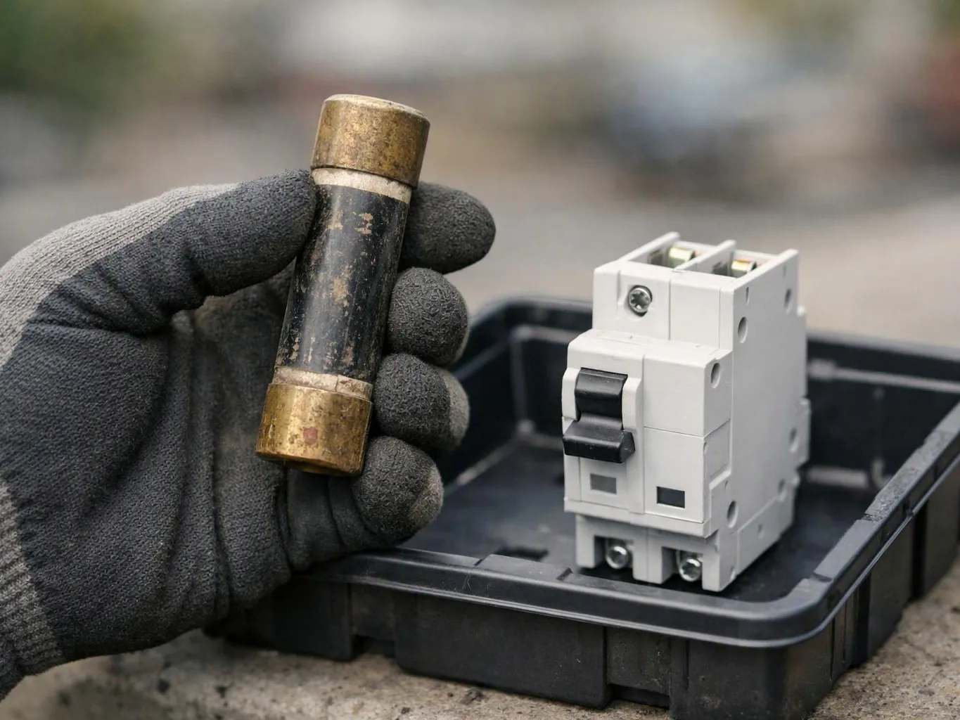 A gloved hand holds a worn fuse beside a white circuit breaker in a black tray