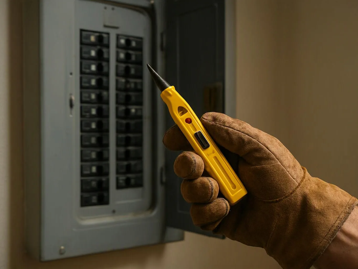 A gloved hand holds a yellow voltage tester near an open electrical breaker panel in a hallway