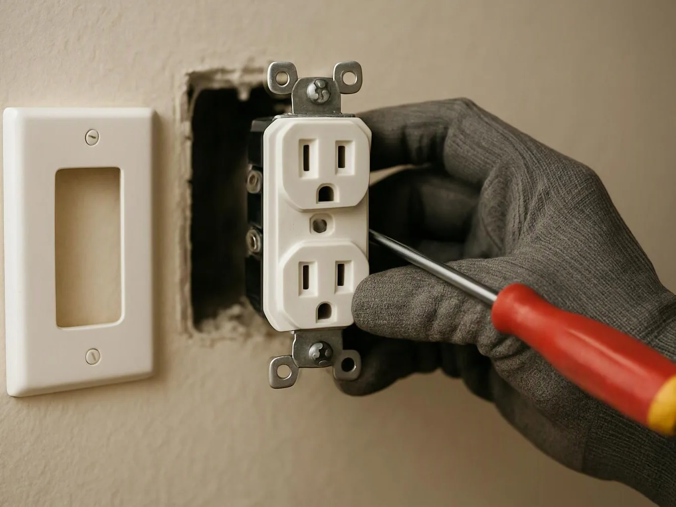 A gloved hand installs a wall outlet with a screwdriver beside an open electrical box and cover plate