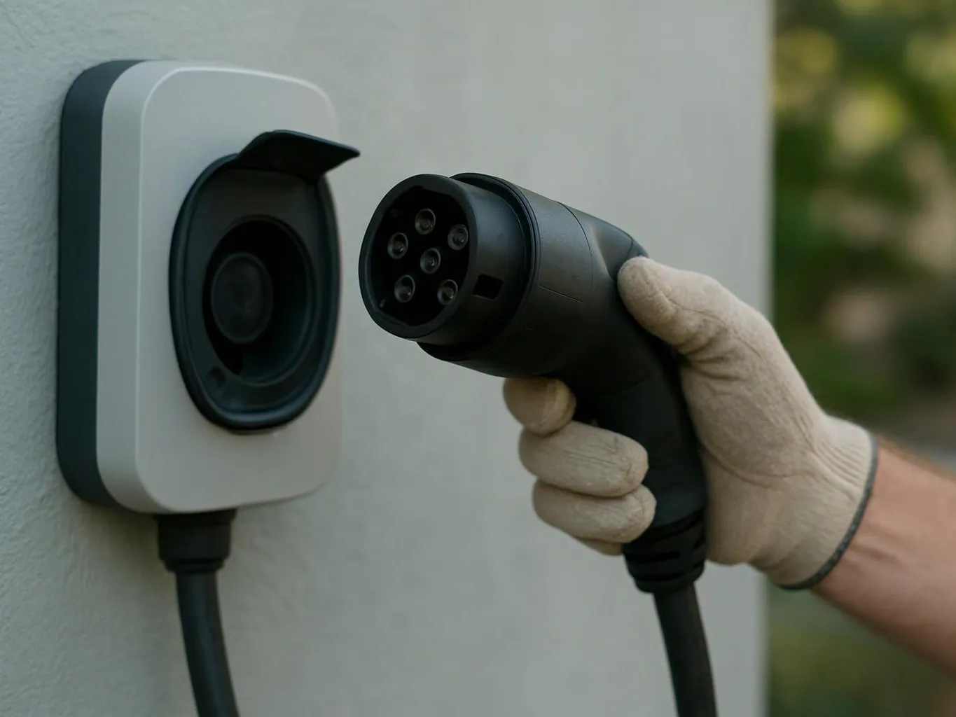 A gloved hand plugs a black charging connector into a wall-mounted electric car charging port outdoors
