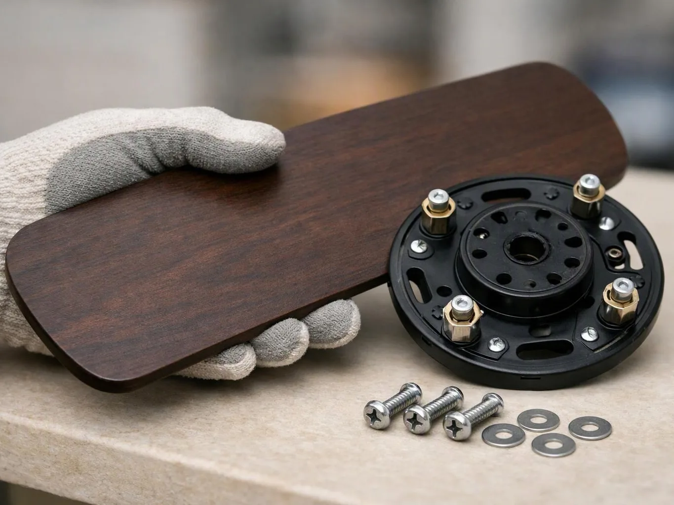 Gloved hands hold a dark wooden board beside a black metal mounting plate with screws and washers on a workbench