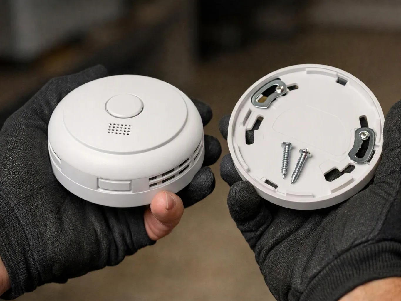 Gloved hands hold a round white smoke detector and its mounting plate with two screws attached