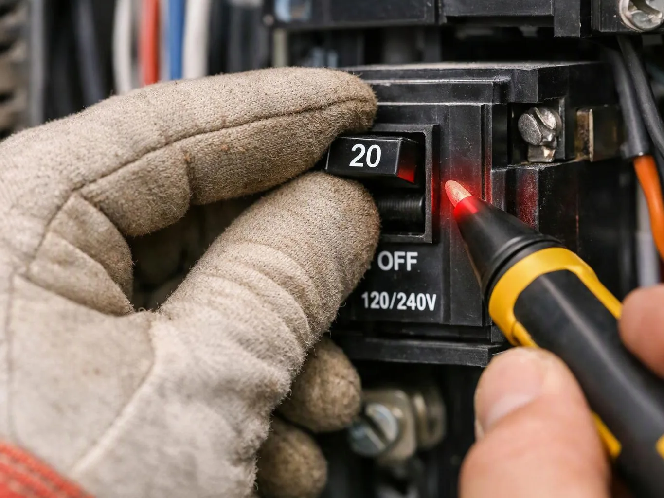 Gloved hands test a circuit breaker with a voltage pen near a labeled switch in an electrical panel