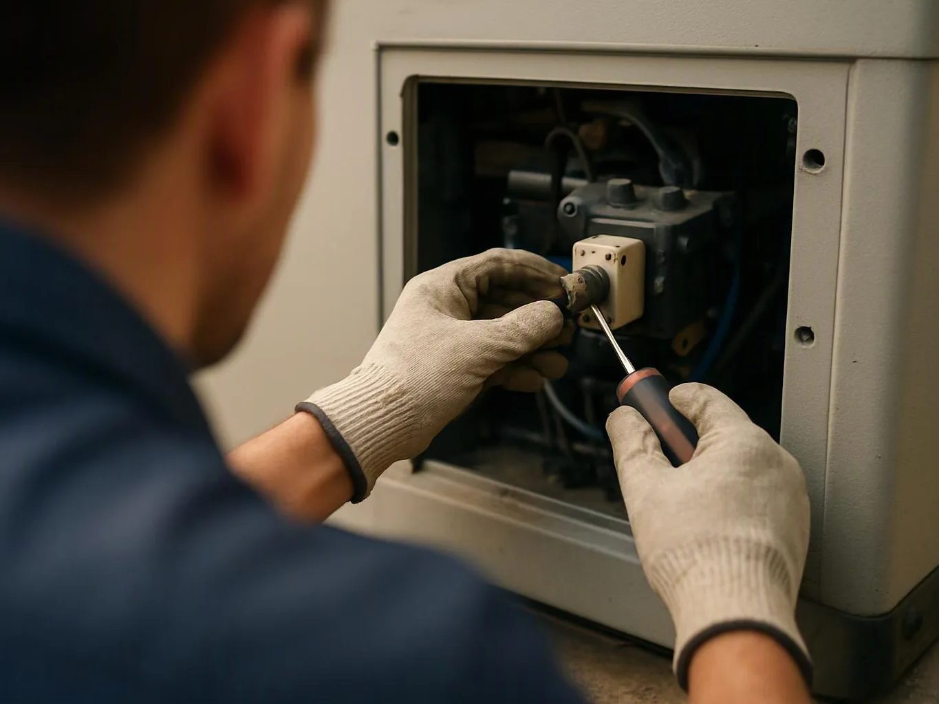 A gloved worker uses a screwdriver to adjust wiring inside an open electrical panel