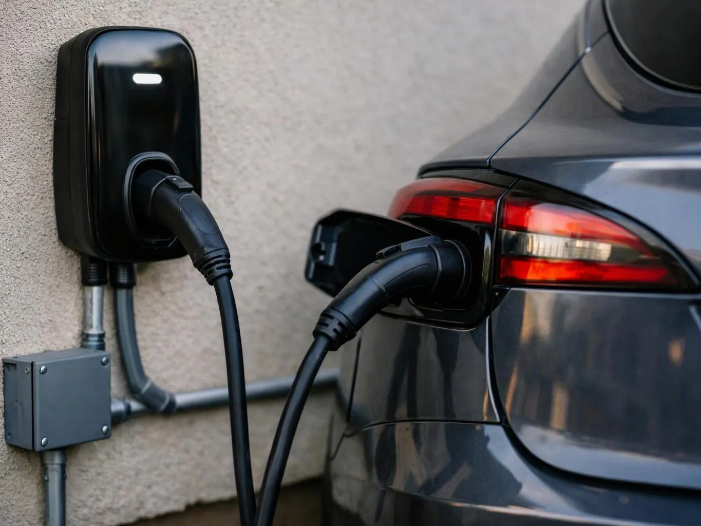 A gray electric car is plugged into a wall charger beside a textured exterior wall