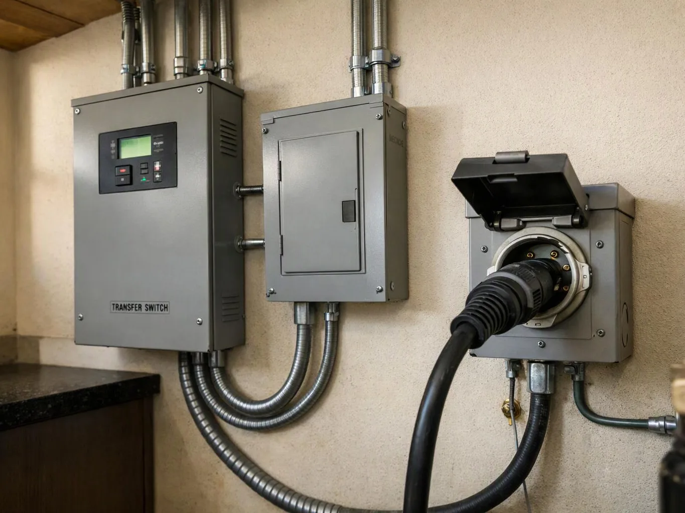 Gray electrical boxes and conduit on a wall, with a plugged-in power connector and one labeled transfer switch