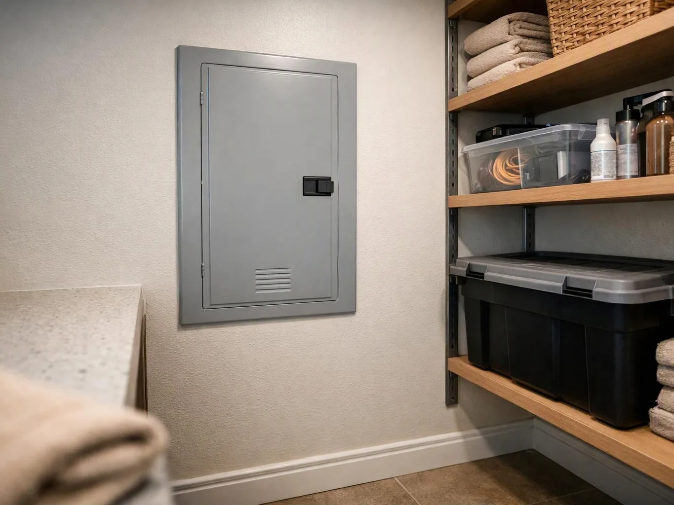A gray electrical panel sits on a wall beside shelves holding towels, bins, and bottles