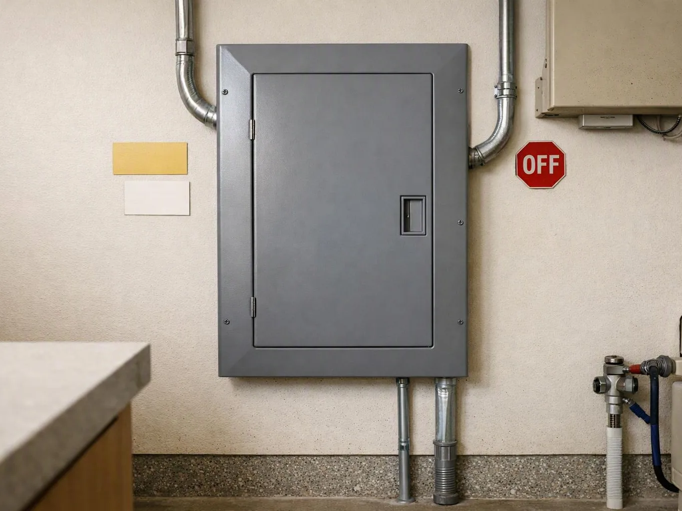A gray electrical panel sits on a wall with metal conduit and an OFF sign nearby