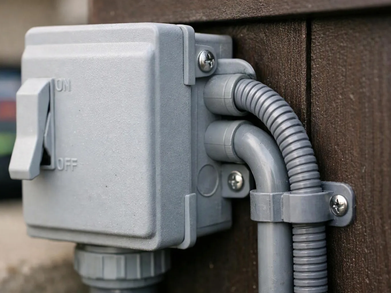 Gray outdoor electrical switch box with conduit pipes mounted on a wooden wall