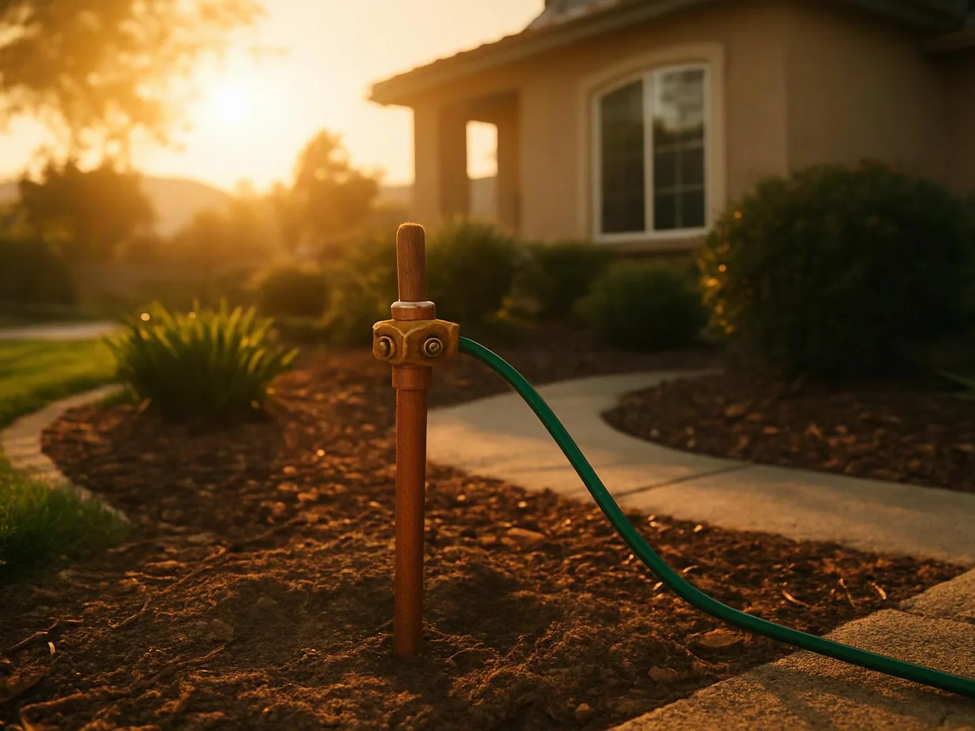 A green hose connects to a wooden stake beside a sunlit house and garden path