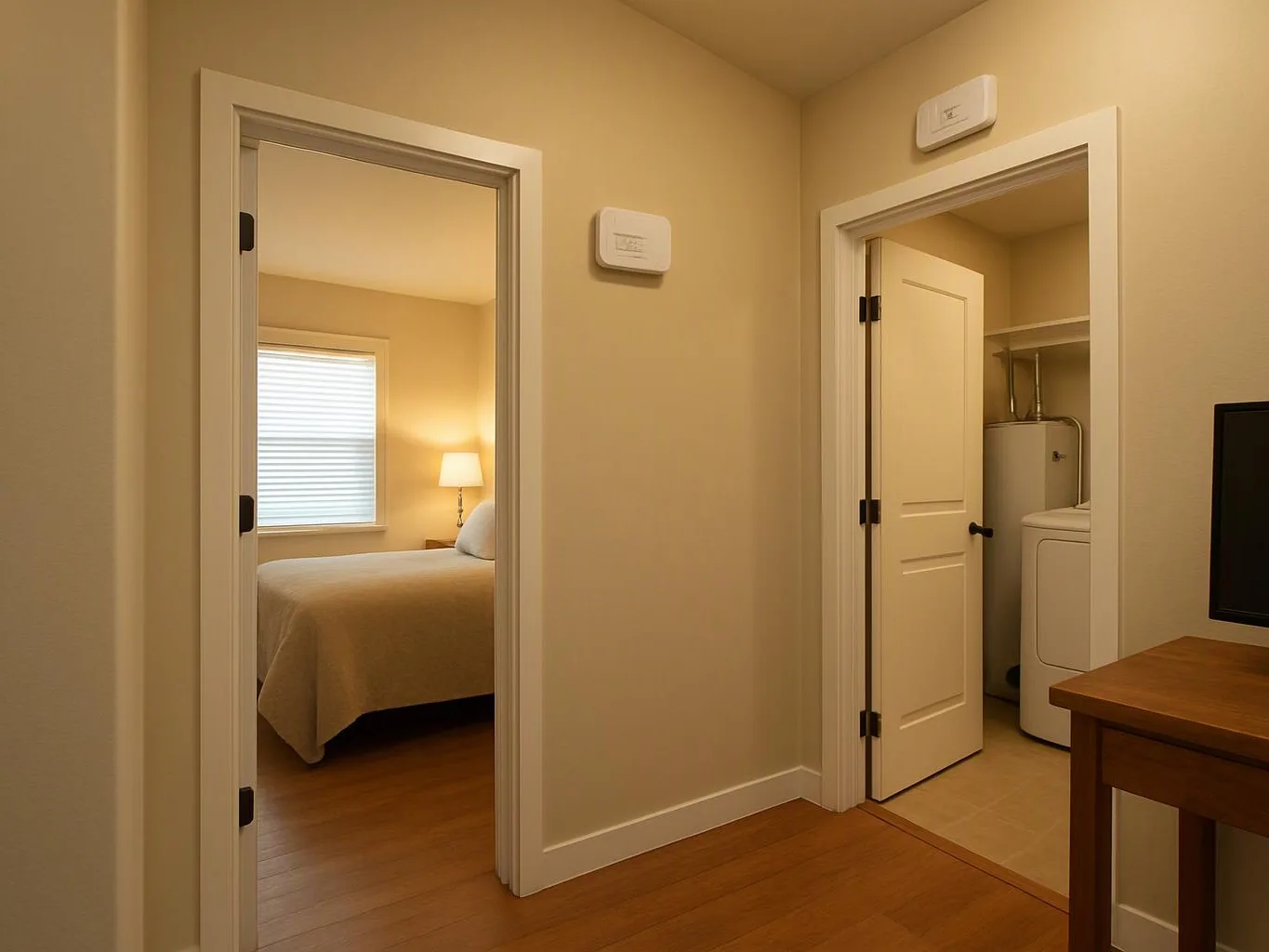 A hallway opens to a bedroom with a lit lamp and a laundry closet beside a TV stand